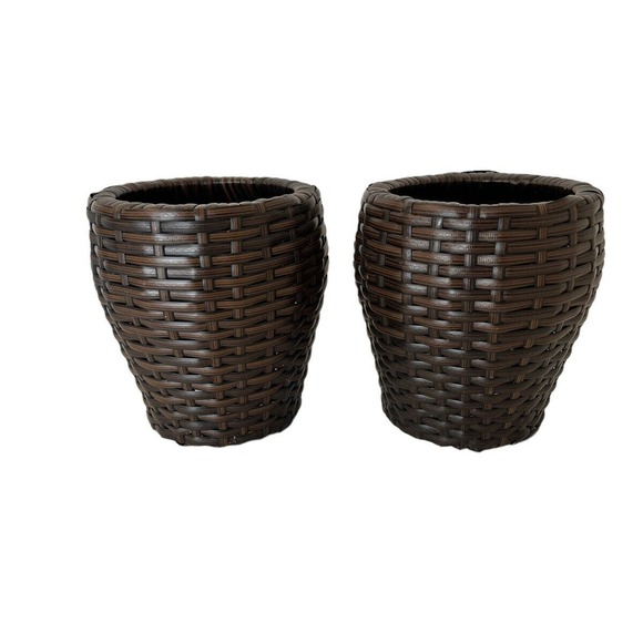 Unbranded Other - Resin Wicker Weave Flower Pot Set of 2 Small Planters 6” Brown Rattan